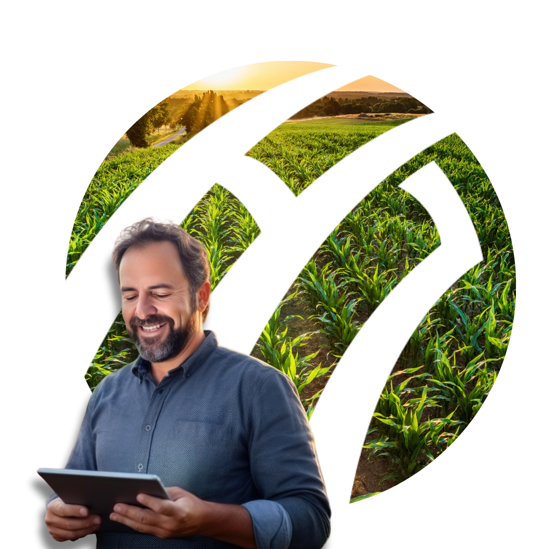 Imagem de um homem com um tablet e a Logo da H7 Agro com um fundo de uma plantação